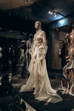 Paris, Fransa - 9 Mart 2024: Paris Dekoratif Sanatlar Müzesi 'nde moda tasarımcısı Iris van Herpen' in arşiv modelleri
