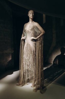 Paris, Fransa - 9 Mart 2024: Paris Dekoratif Sanatlar Müzesi 'nde moda tasarımcısı Iris van Herpen' in arşiv modelleri