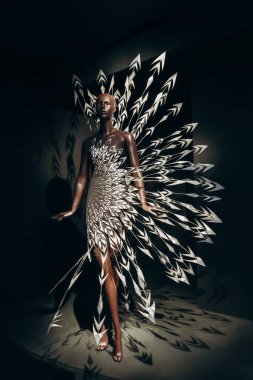 Paris, Fransa - 9 Mart 2024: Paris Dekoratif Sanatlar Müzesi 'nde moda tasarımcısı Iris van Herpen' in arşiv modelleri