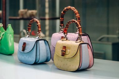 Cannes, Fransa - 20 Nisan 2024: Cannes 'da bir butik vitrinde efsanevi Gucci Bambu torbaları