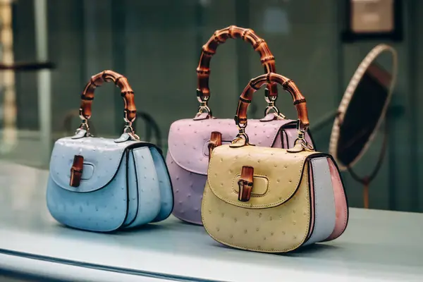 stock image Cannes, France - 20 April 2024: The legendary Gucci Bamboo bags in a boutique window in Cannes