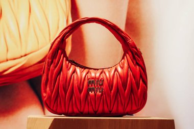 Cannes, Fransa - 20 Nisan 2024: Cannes 'da bir butik vitrininde efsanevi Miu Miu çantası