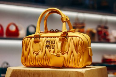 Cannes, Fransa - 20 Nisan 2024: Cannes 'da bir butik vitrininde efsanevi Miu Miu çantası
