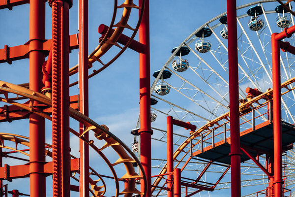 Vienna, Austria - August 5, 2024:  Close-up of rides and decorations at the Prater amusement park in Vienna