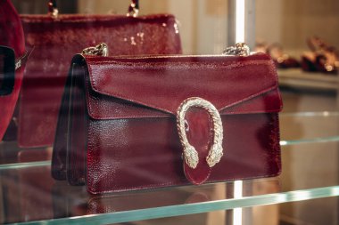 Viyana, Avusturya - 6 Ağustos 2024: Viyana 'nın merkezinde bir butik pencerede Gucci çanta