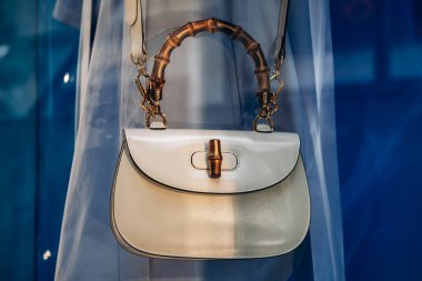 Viyana, Avusturya - 6 Ağustos 2024: Viyana 'nın merkezinde bir butik pencerede Gucci çanta