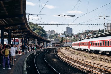 Bratislava, Slovakya - 7 Ağustos 2024: Bratislava Merkez İstasyonu ve gelen trenler