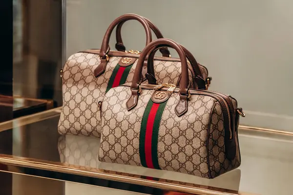 stock image Nice, France - July 27th, 2024: Close-up of Gucci bags in a boutique in the center of Nice