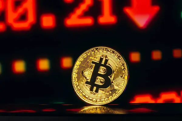 Bitcoin şifreleme madeni parası. Yakın plan.
