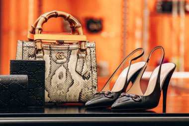 Bologna, Italy - October 6, 2024: Gucci bag and pumps in a boutique window clipart