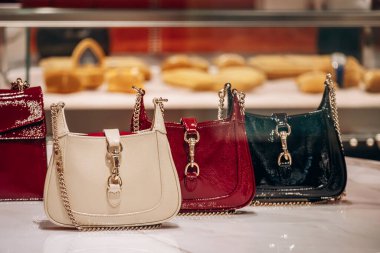 Bologna, İtalya - 6 Ekim 2024: Bir butik vitrininde Gucci çantaları