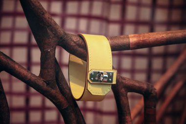 Nice, France - November 2, 2024: Yellow leather Hermes bracelet in a boutique window clipart