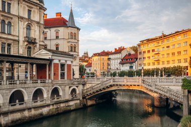 Ljubljana, Slovenya - 14 Ağustos 2024: Preseren Meydanı, Ljubljana 'daki merkez meydan. Eski şehrin bir parçası ve önemli bir buluşma noktasıdır.