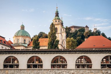 Plecnik Covered Market which runs along the covered building opposite the central market and bordering the Ljubljanica canal clipart