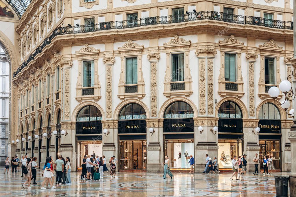Milan, Italy - August 20, 2024: Prada storefront in Galleria Vittorio Emanuele II in Milan