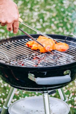 Chicken legs and merguez sausages cooking on a barbecue in the garden