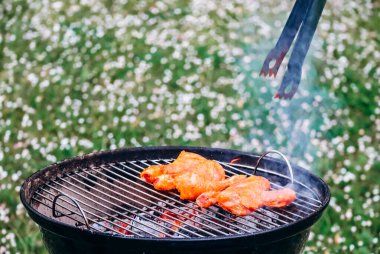 Chicken legs and merguez sausages cooking on a barbecue in the garden