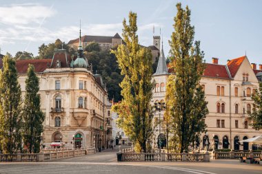 Ljubljana, Slovenya - 15 Ağustos 2024: Şafak vakti yumuşak sabah ışığı ve huzurlu atmosferiyle büyüleyici ve güzel şehir merkezi