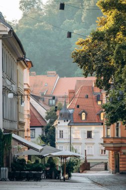 Ljubljana, Slovenya - 15 Ağustos 2024: Şafak vakti yumuşak sabah ışığı ve huzurlu atmosferiyle büyüleyici ve güzel şehir merkezi