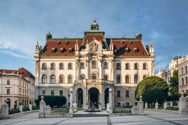 Ljubljana, Slovenya - 15 Ağustos 2024: Slovenya 'nın en eski ve en prestijli kurumlarından biri olan Ljubljana Üniversitesi' nin görüşü