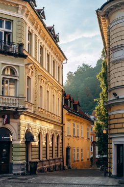 Ljubljana, Slovenya - 15 Ağustos 2024: Şafak vakti yumuşak sabah ışığı ve huzurlu atmosferiyle büyüleyici ve güzel şehir merkezi