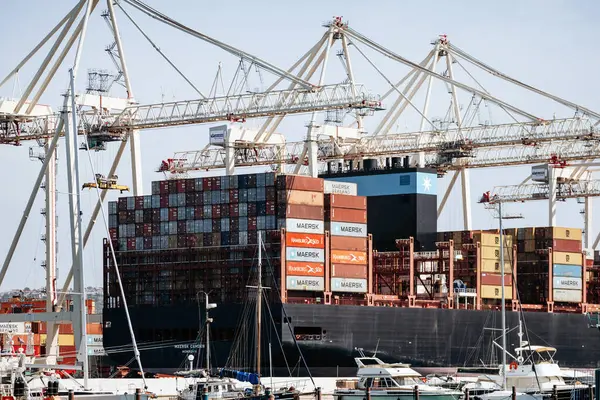 Koper, Slovenya - 16 Ağustos 2024: Koper Limanında kargo konteynerleri gün boyunca yükleniyor