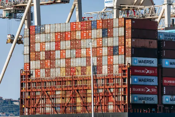 Koper, Slovenya - 16 Ağustos 2024: Koper Limanında kargo konteynerleri gün boyunca yükleniyor