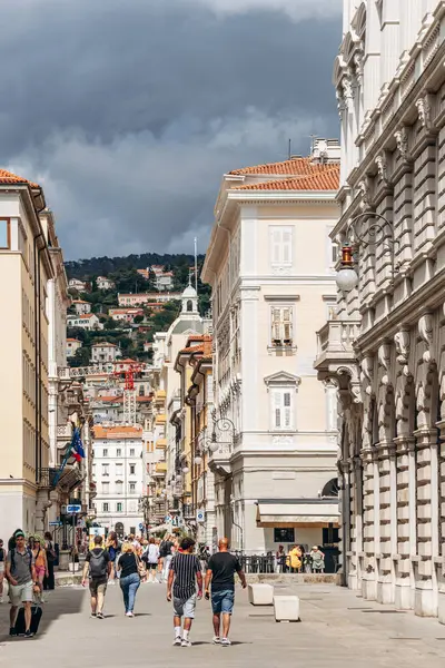 Trieste, İtalya - 18 Ağustos 2024 Trieste 'nin kalbinde güzel bir cadde