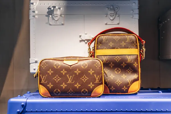 Nice, Fransa - 26 Ocak 2025: Louis Vuitton çantaları Nice 'teki bir butiğin vitrininde sergilendi.