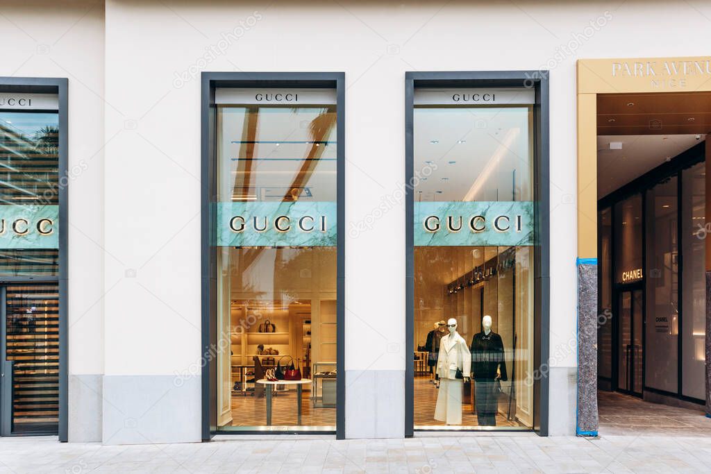 Nice, France - January 26, 2025: Gucci boutique window display on Avenue Verdun in Nice, showcasing luxury fashion and high-end accessories.
