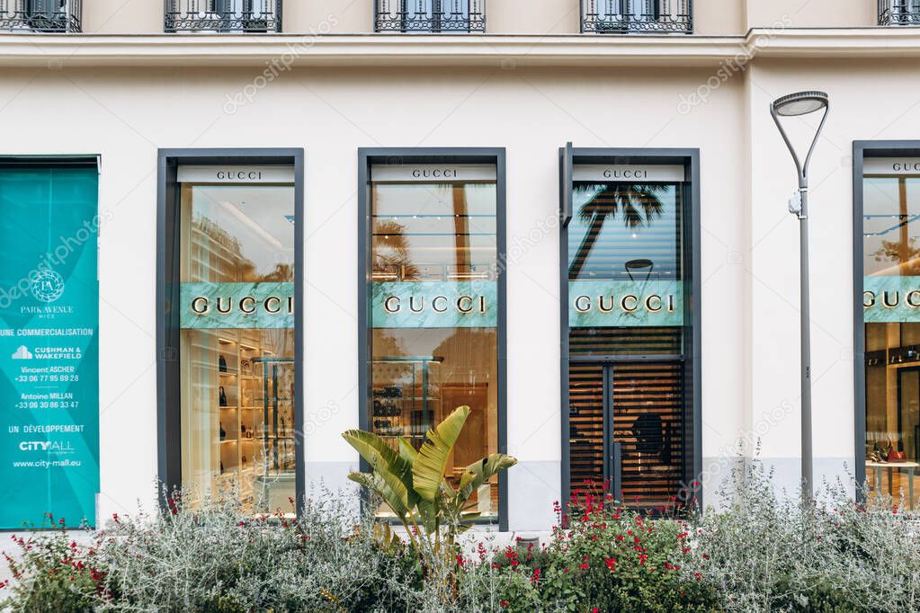 Nice, France - January 26, 2025: Gucci boutique window display on Avenue Verdun in Nice, showcasing luxury fashion and high-end accessories.
