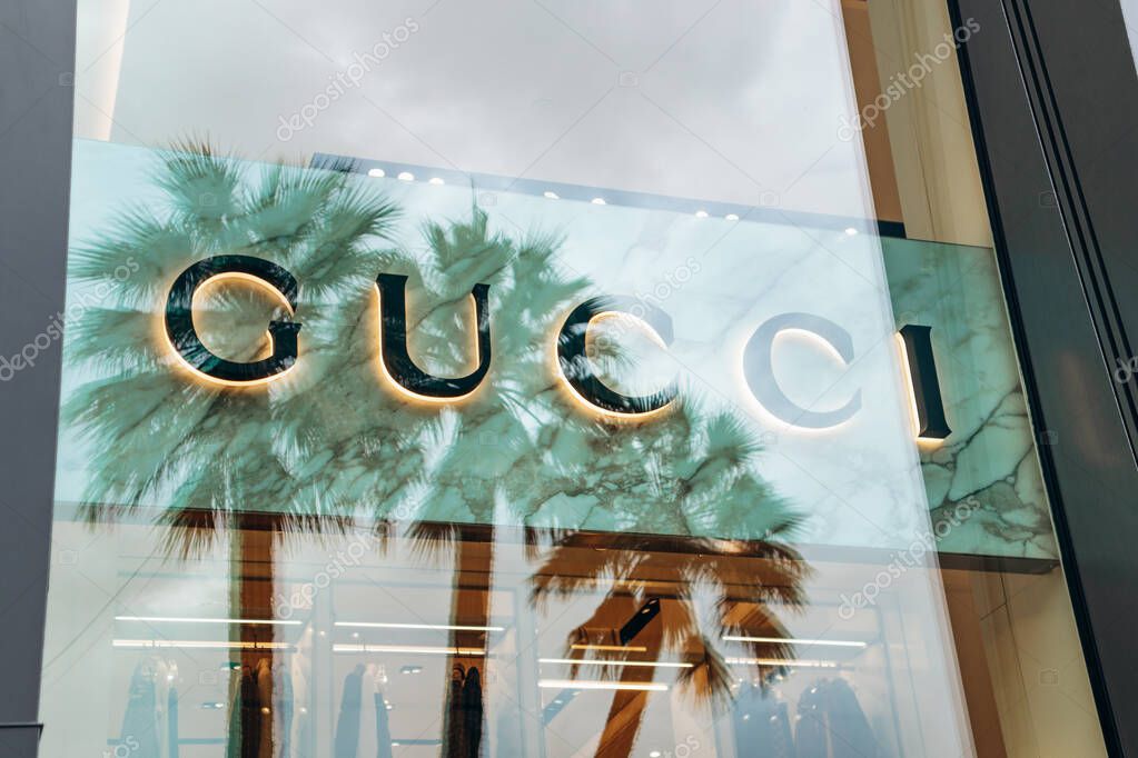 Nice, France - January 26, 2025: Gucci boutique window display on Avenue Verdun in Nice, showcasing luxury fashion and high-end accessories.