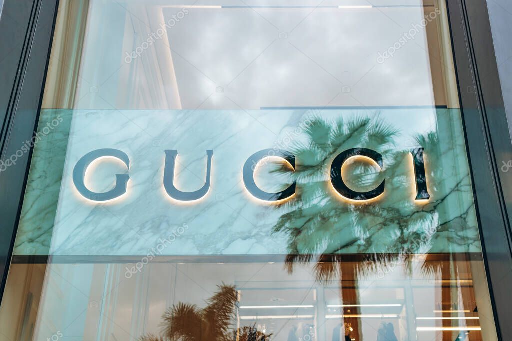 Nice, France - January 26, 2025: Gucci boutique window display on Avenue Verdun in Nice, showcasing luxury fashion and high-end accessories.