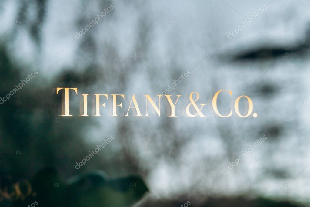 Nice, France - January 26, 2025: Tiffany and Co logo on a boutique window display on Avenue Verdun in Nice