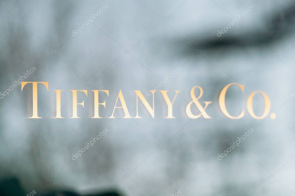 Nice, France - January 26, 2025: Tiffany and Co logo on a boutique window display on Avenue Verdun in Nice