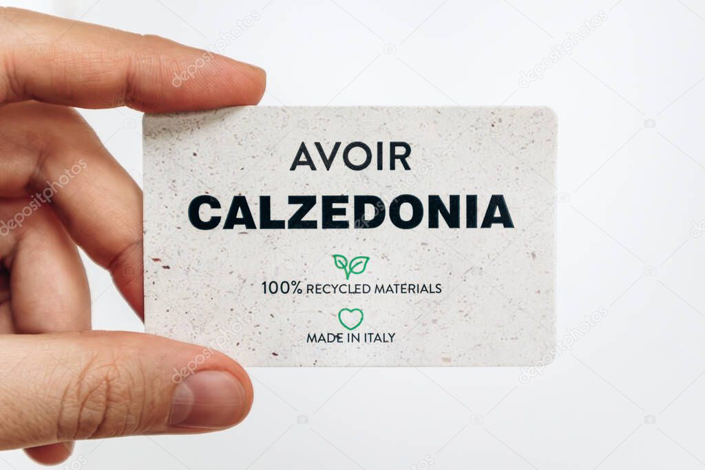 Paris, France - 23 February 2025: Calzedonia gift card in hand, eco recycled materials
