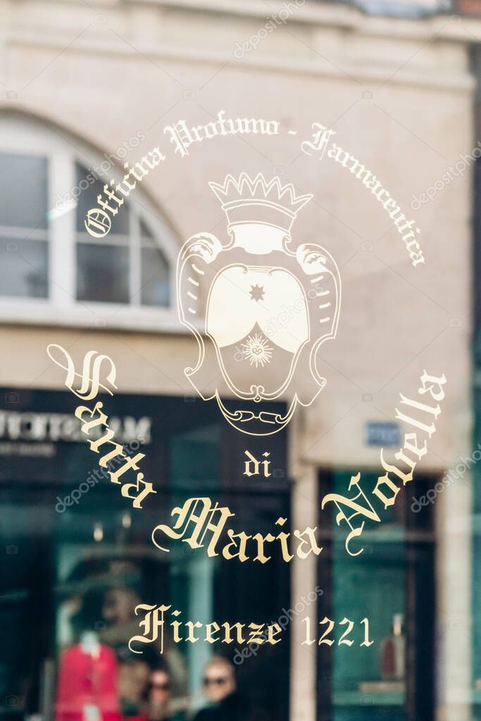 Paris, France - 23.02.25: Santa Maria Novella boutique sign with gold crest and lettering on rue Saint-Honore