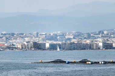 Cannes şehrinin panoramik manzarası ve Sainte-Marguerite Adası 'ndan dağlar.