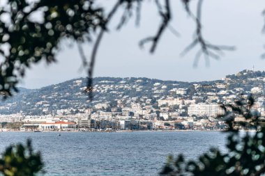 Cannes şehrinin panoramik manzarası ve Sainte-Marguerite Adası 'ndan dağlar.
