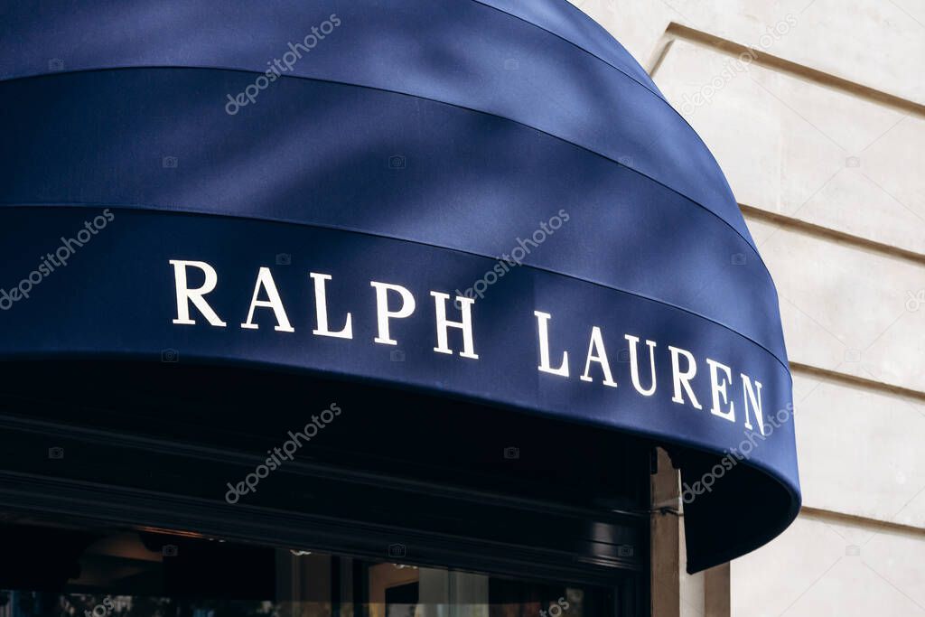 Paris, France - September 6, 2025: Ralph Lauren boutique with blue awning near Place de la Madeleine