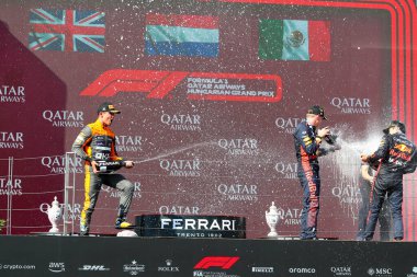 Lando Norris (GBR) McLaren MCL60 Max Verstappen (NED) Redbull Racing RB19 Sergio Perez (MEX) Redbull Racing RB19