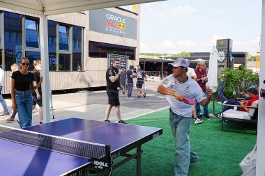  Mick Schumacher (GER) - Reserve Driver, Mercedes-AMG PETRONAS F1 Team playing tennis table during the preparation day, July 18,  of  Formula 1 Hungarian Grand Prix 2024, scheduled to take place at Hungaroring track in Mogyorod, Budapest, Hungary, ju clipart