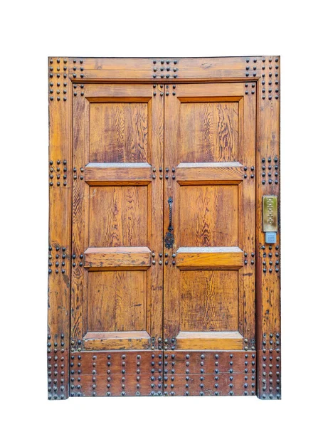 Mittelalterliche Braune Holztür Auf Weißem Hintergrund Mit Gegensprechanlage — Stockfoto
