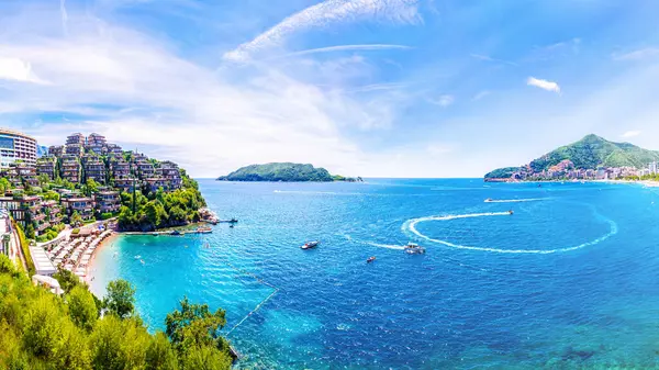 Panoramisch Beeld Van Budva Strand Montenegro Prachtige Plaatsen Aan Adriatische — Stockfoto