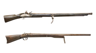 Antique flintlock and percussion muskets 30mm and 29mm historical black powder rifles vintage military firearms collectible old guns classic European weaponry aged wooden stock historic battle relics clipart