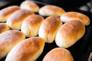 Fırında pişmiş yeni pişmiş turtalar. Turtalar fırından yeni çıktı. Et, kiraz ve elmalı ev yapımı turtalar..