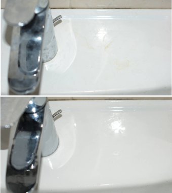 İşlem öncesi ve sonrası banyodaki musluğu temizleme kolajı. Lavabodaki musluğu çamurdan yıkıyorum. Kirli ve temiz lavabo. Hijyen ve Temizlik el konsepti