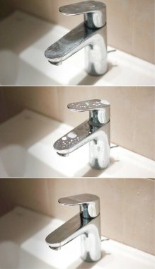 İşlem öncesi ve sonrası banyodaki musluğu temizleme kolajı. Lavabodaki musluğu çamurdan yıkıyorum. Kirli ve temiz lavabo. Hijyen ve Temizlik el konsepti