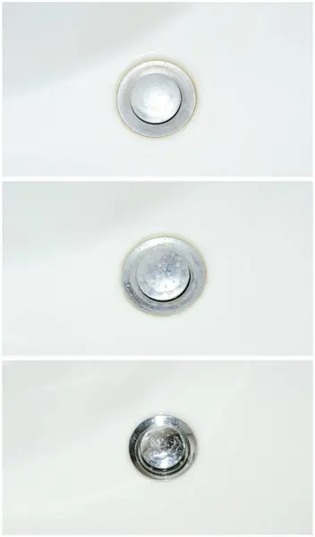 İşlem öncesi ve sonrası lavaboyu temizleme kolajı. Beyaz lavabonun kirini temizliyorum. Lavaboda kirli ve temiz bir kanal var..