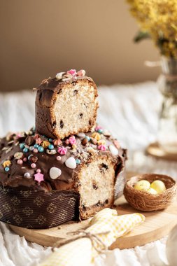 Kolomba geleneksel bir İtalyan Paskalya keki, Kolomba paskalyası, Kolomba di Pasqua, panettone ve pandoronun bir analoğudur. Kolombiya 'nın arka planında çikolata damlaları ve yakınlarda çiçekler var..